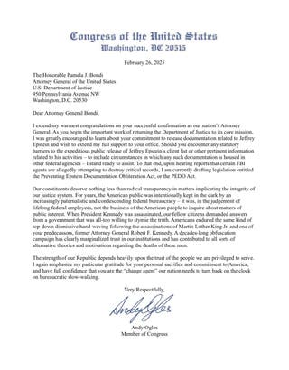 Ogles shared a PDF of his letter to AG Pam Bondi on Wednesday